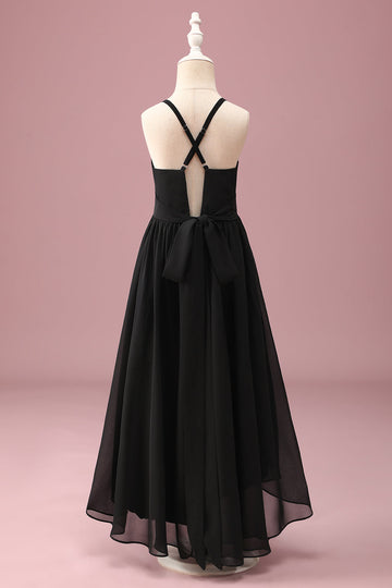 Noir Col Rond Une Ligne Haute Bas Junior Demoiselle d’honneur Robe avec Ceinture